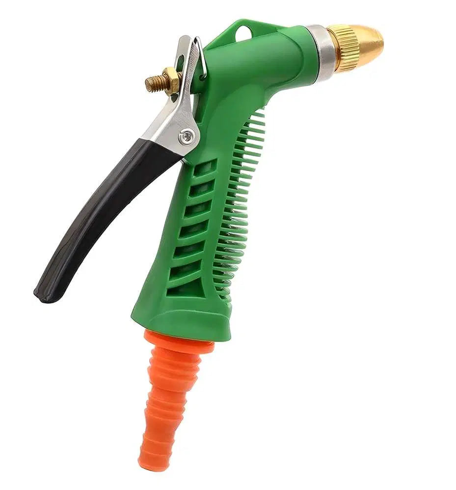 Green garden hose nozzle with black handle and gold spray head on a white background