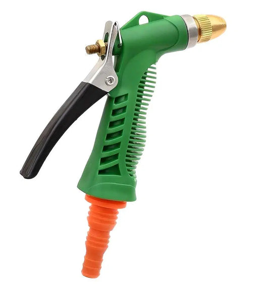 Green garden hose nozzle with black handle and gold spray head on a white background
