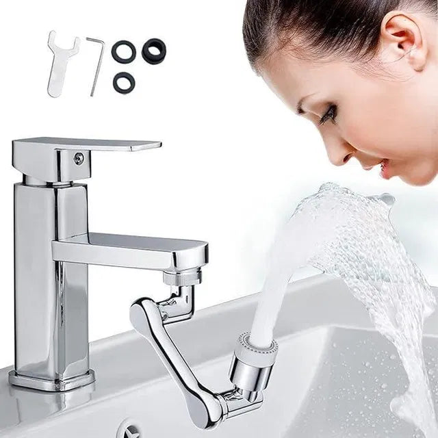Chrome faucet with water flowing, accompanied by tools and washcloth on a white background