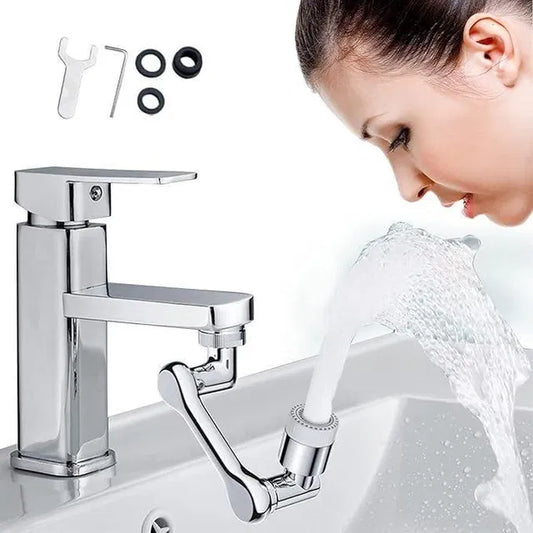 Chrome faucet with water flowing, accompanied by tools and washcloth on a white background